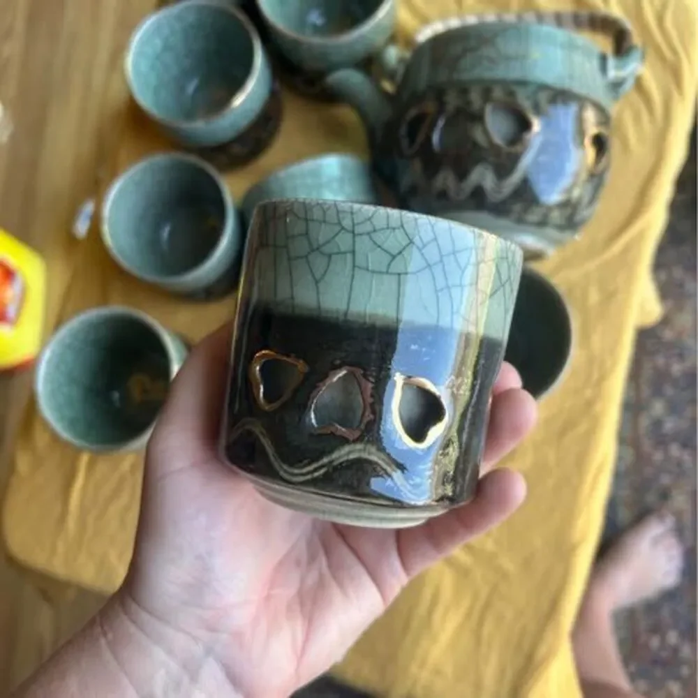 Vintage Obori Soma-yaki Double Walled Tea Set